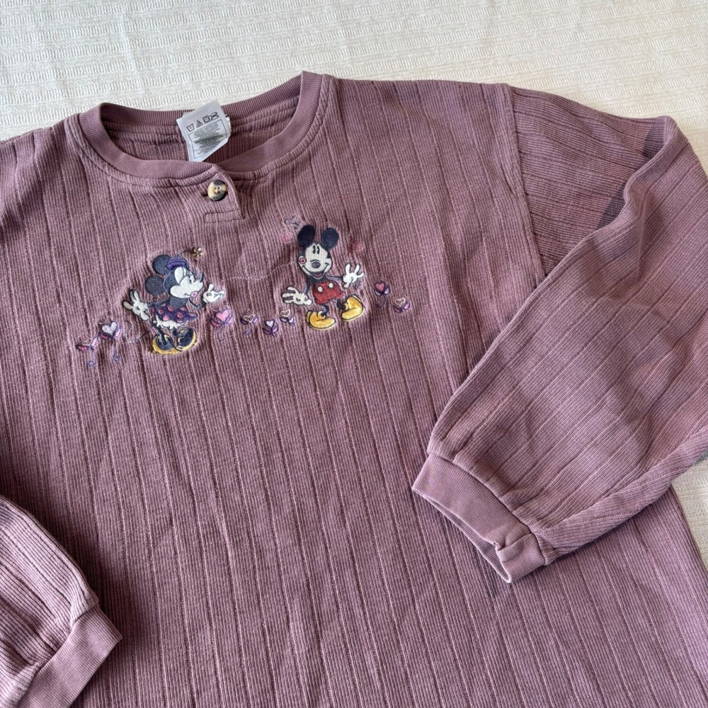 Vintage Disney Mickey Minnie Mouse Embroidered Ribbed Henley Top Mauve Purple M